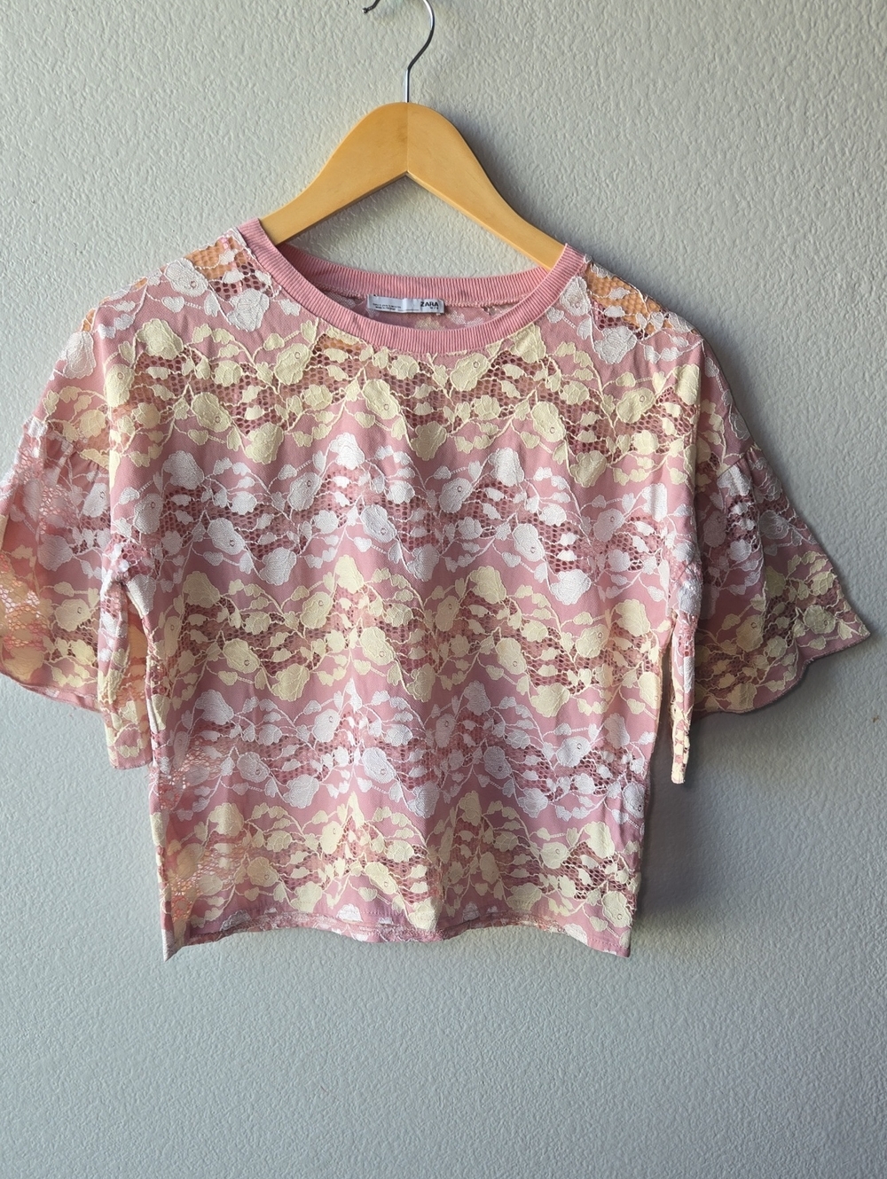 Zara Pink Lemonade Cropped Lace Top Ruffled Sleeves Popover Blouse Size Small